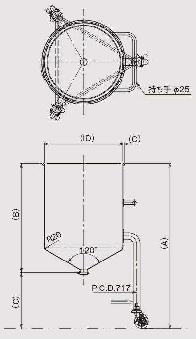 キャスター付移動容器(コニカル型)の図面