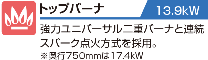 トップバーナ 13.9kW 強力ユニバーサル二重バーナと連続スパーク点火方式を採用。※奥行750mmは17.4kW