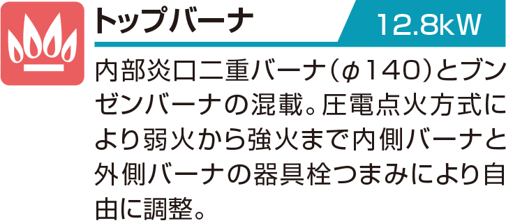 トップバーナ 12.8kW 内部炎口二重バーナ（φ140）とブンゼンバーナの混載。圧電点火方式により弱火から強火まで内側バーナと外側バーナの器具栓つまみにより自由に調整。